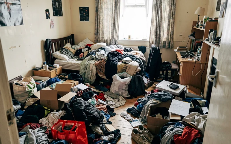 A room with waist-deep belongings and a partial walking path
