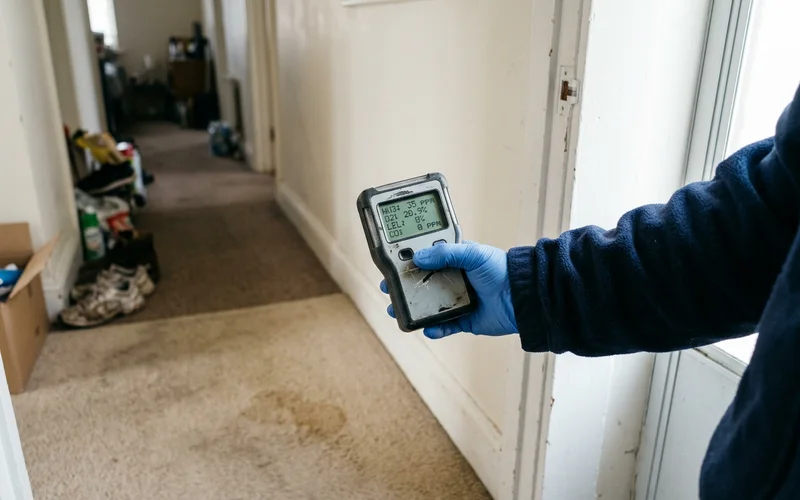 A four-gas air monitor held in a gloved hand at a doorway