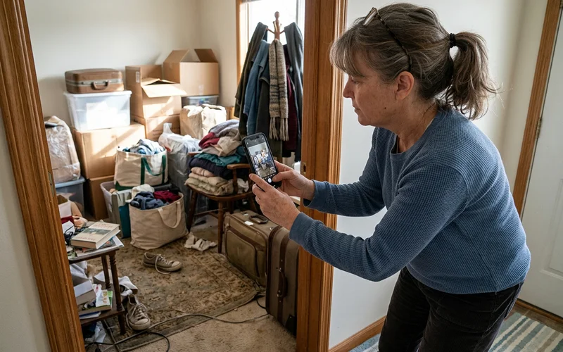 A person photographing a cluttered room with a phone for a quote