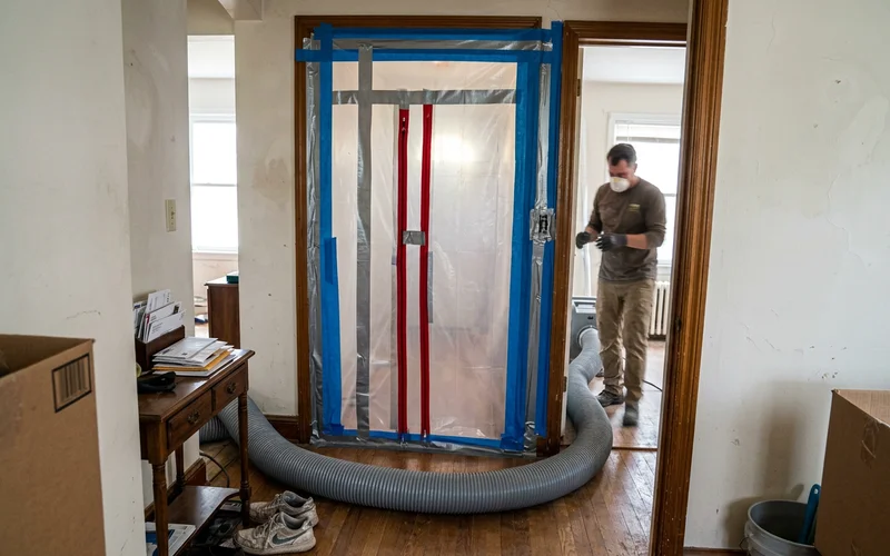 Containment sheeting and negative air equipment set up inside a home