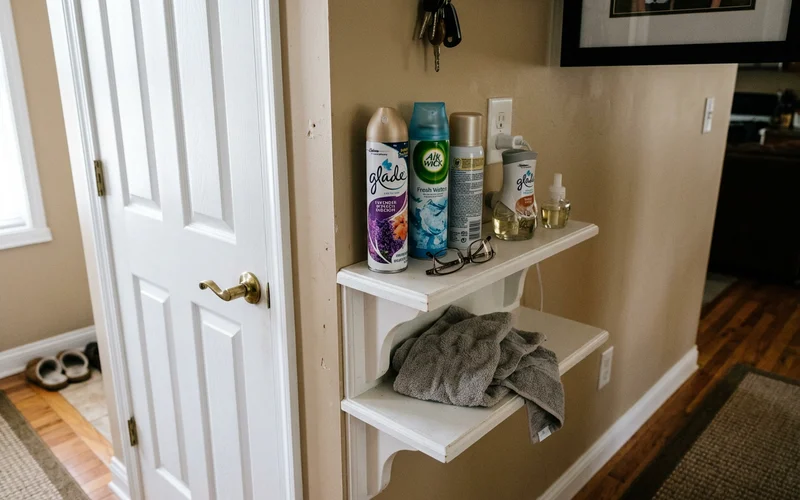 Air freshener cans on a shelf next to a closed door