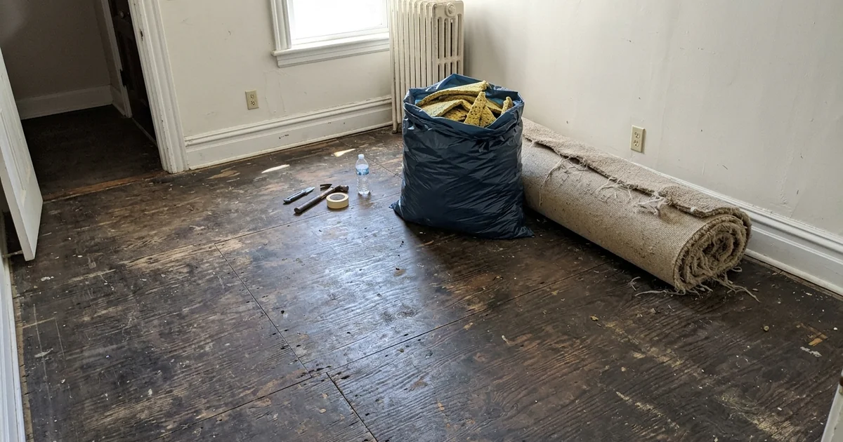 A stained subfloor exposed after carpet removal