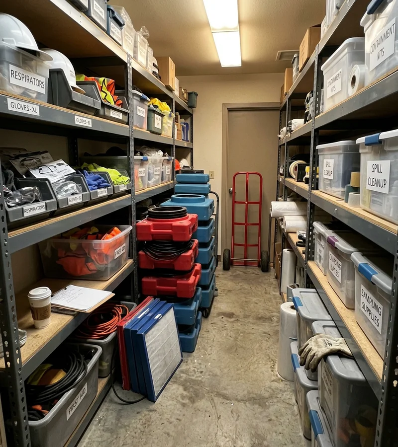 The Cleveland Hoarding Pros equipment room stocked with PPE, air scrubbers, and containment kits