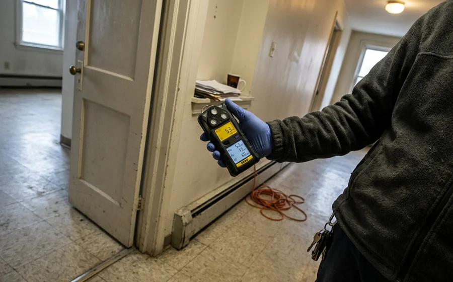 Four-gas atmospheric monitor checking ammonia levels before entry