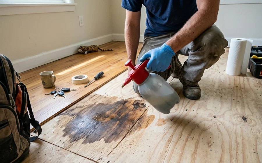 Bio-enzymatic treatment applied to exposed subfloor after decomposition remediation